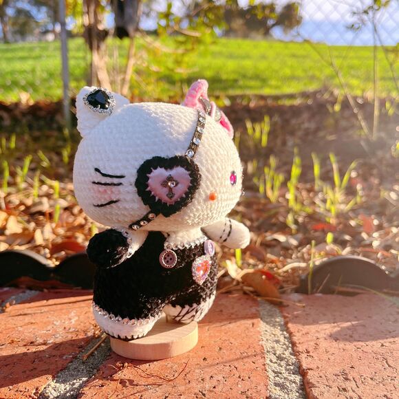 Hello Kitty Black Pink Style Crochet Doll | Handmade Gothic Hello Kitty - Picture 6 of 11